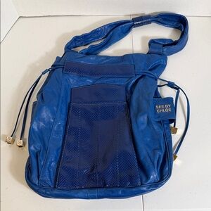 SEE BY CHLOE blue leather boho shoulder bucket bag with snakeskin detailing